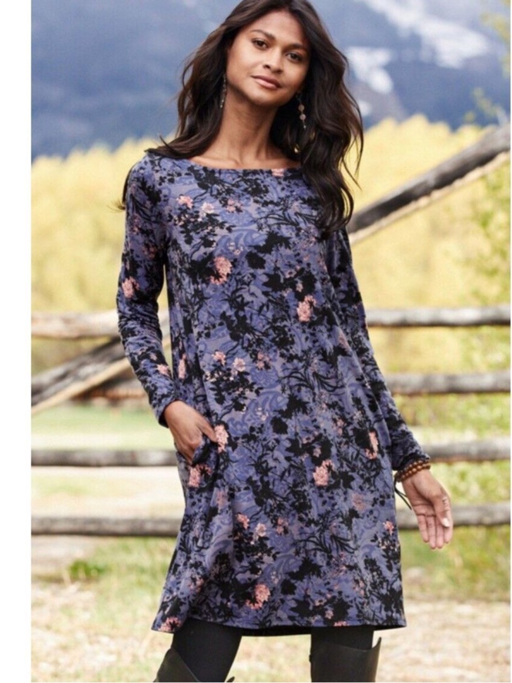 Peruvian Connection Shadow Blossom Long Sleeve Pima Cotton Dress Size Medium